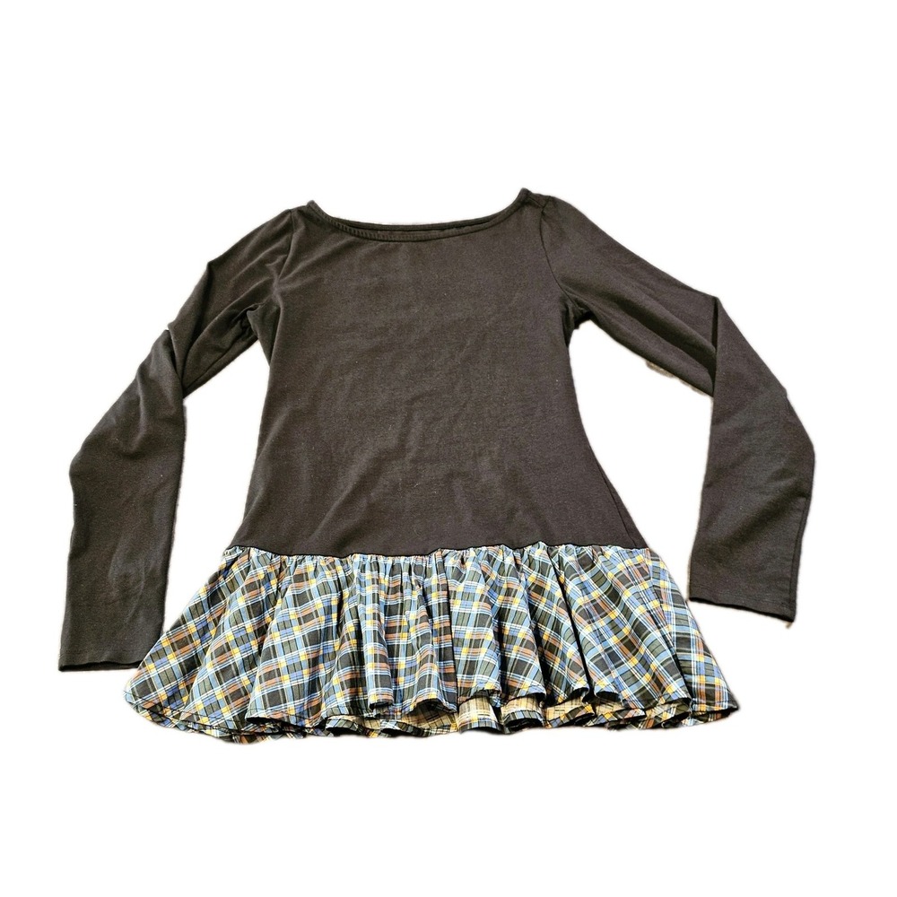 Maeve Anthropologie Peplum Tunic Top Black Blue Plaid Ruffle Long Sleeve Small